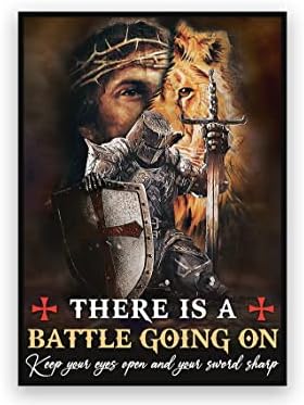 Battle Going On Keep Your Eyes Open Sword Sharp Jesus Lion Knight Templar Poster, Christ Warrior Poster, Religious Gift for Christians Wall Art Print Home Decor Unframed