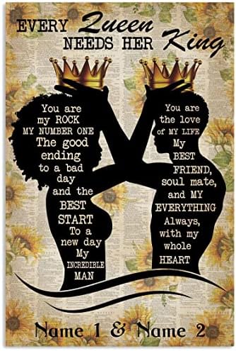 Personalized Every Queen Needs Her King Black Couple Poster Gift for Afro African Couples Valentine Wedding Anniversary Black Love Wall Art Print Bedroom Decor Sunflower