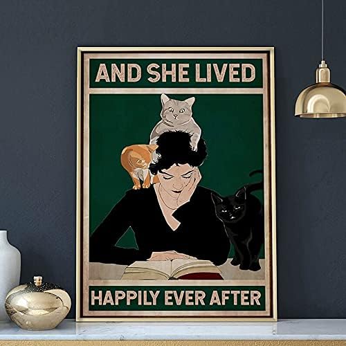 And She Lived Happily Ever After Poster, Books Lover Gift, Girl Reading Book Poster, Cats Addict Gift, Cat Lover Gift, Cat Mom Gift, Gift for Her, Reading Room Decor, Wall Art Home Decor