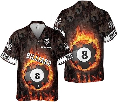 Personalized Fire Flame 8 Ball Billiards Hawaiian Shirt All-Over Print Short Sleeve Button Down Top Custom Gift for Billiard Player Game Sport Lover Team Club