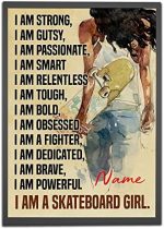 Personalized I Am Strong I Am A Skateboard Girl Poster, Skateboarding Poster Inspirational Gift for Skaters Skateboarding Lovers Wall Art Girl’s Bedroom Decor Unframed