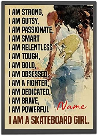 Personalized I Am Strong I Am A Skateboard Girl Poster, Skateboarding Poster Inspirational Gift for Skaters Skateboarding Lovers Wall Art Girl’s Bedroom Decor Unframed