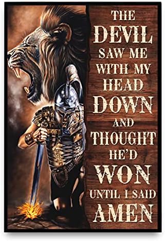 Christian Lion Jesus The Warrior Wall Art Poster, The Devil Saw Me My Head Down Christian Poster Gifts Decorations For Home, Vertical Poster, Religious Prints Unframed, 12 x 18, 18 x 24, 24 x 36