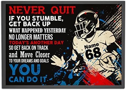 Personalized Never Quit You Can Do It American Football Poster Motivational Gift for Football Player Sports Lover Watercolor Wall Art Print Boy’s Bedroom Man Cave Decor