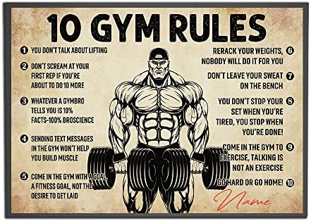 Personalized 10 Gym Rules Poster Gift for Gymer Fitness Workout Weightlifting Bodybuilding Lover Men Women Wall Art Print Home Room Club Decor Unframed 18×12 in