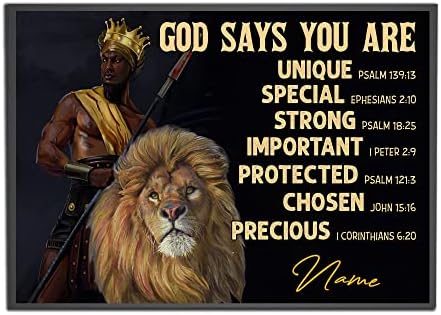 Personalized God Says You Are Unique Black Man Poster, Lion and Black King Poster Black Pride Gift for Black Men Afro African American Christian Wall Art Home Decor