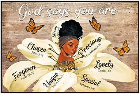 Personalized Black Girl Poster, God Says You Are Unique African American Afro Girl, Black Pride Gift, Christian Gift, Floral Wall Art Girl’s Bedroom Decor, 18×12 in