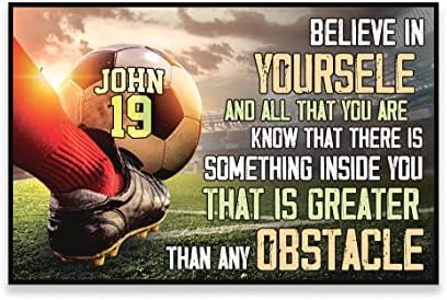 Personalized Believe In Yourself Soccer Poster, Inspirational Gift for Soccer Player Sports Lover, Soccer Wall Art Print Boy’s Bedroom Man Cave Decor Unframed