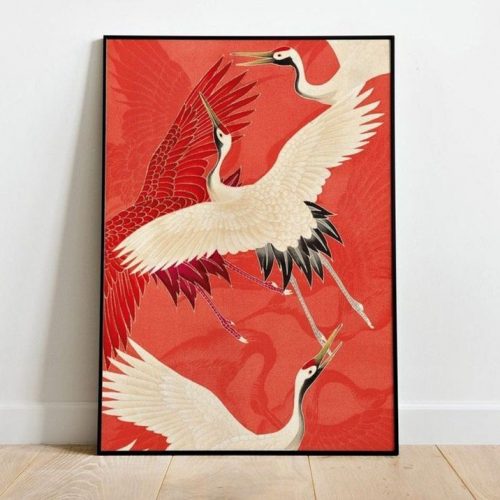 Vintage Japanese poster with Crane Bird, Home Decor 12×18 Print Paper Poster