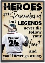 Personalized Heroes Get Remembered Legends Never Die Baseball Poster Motivational Gift for Player Pitcher Batter Lover Wall Art Print Boys Room Man Cave Decor Unframed