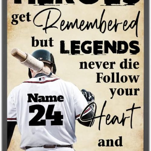 Personalized Heroes Get Remembered Legends Never Die Baseball Poster Motivational Gift for Player Pitcher Batter Lover Wall Art Print Boys Room Man Cave Decor Unframed