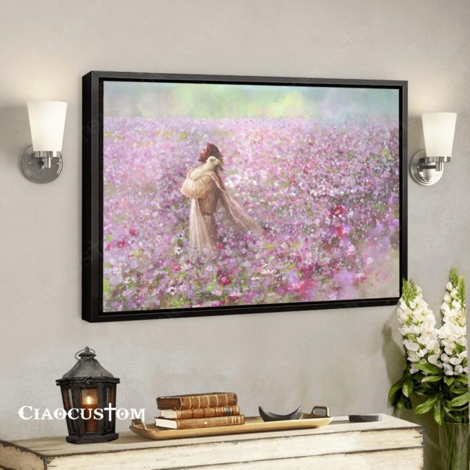 Jesus Holding A Lost Lamb On The Pink Flower Fields Wall Art – Jesus Canvas Poster – Christian Canvas Wall Art – Christian Gift – Ciaocustom