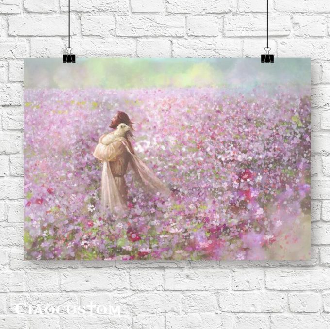 Jesus Holding A Lost Lamb On The Pink Flower Fields Wall Art – Jesus Canvas Poster – Christian Canvas Wall Art – Christian Gift – Ciaocustom