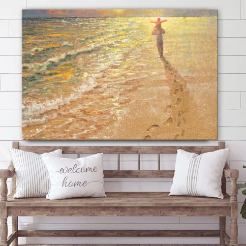 Footprints In The Sand Canvas Wall Art – Jesus & A Child Walk On The Beach Poster – Jesus Christ Canvas – Gift For Christian – Ciaocustom