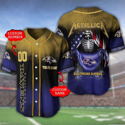 Baltimore Ravens Metallica US Flag Skeleton Custom Name Number Baseball Jersey