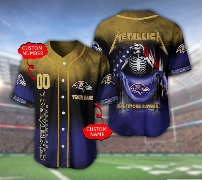 Baltimore Ravens Metallica Us Flag Skeleton Custom Name Number Baseball Jersey