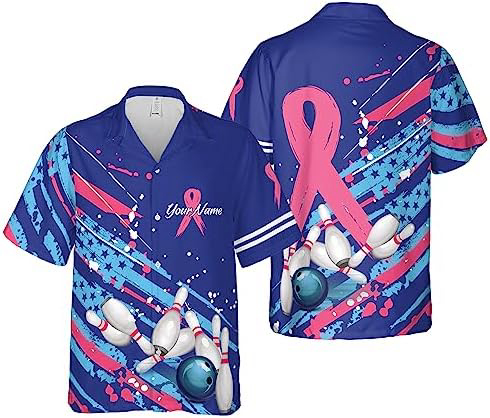 Custom Name American Flag Pink Ribbon Bowling All-Over Print Hawaiian Shirt Short Sleeve Button Down Breast Cancer Awareness Gift for Bowler Player Team Club