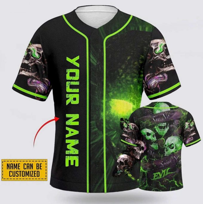 Custom Name Green Skull Neon Pattern Baseball Jersey Shirt For Baseball Player