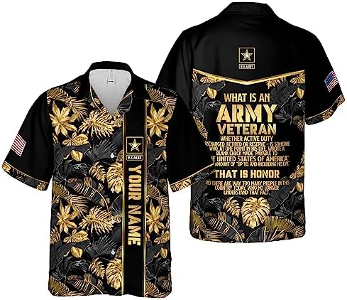 Custom Name What is an Army Veteran Hawaiian Shirt Gold Tropical Pattern All Over Print Short Sleeve Button Down Aloha Gift for Veteran’s Day Memorial Day