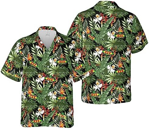 Floral Tropical Pattern Proud Vietnam Veteran Hawaiian Shirt for Men Women All-Over Print Short Sleeve Button Down Aloha Gift for Veteran’s Day Memorial Day