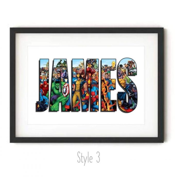 Personalized Name Art Prints | Superhero Nursery Name Poster | Marvell Nursery Deco | Gifts For Comics Lovers | Avenger Wall Art (No Frame)