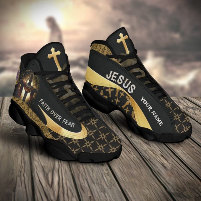 Faith Over Fear Jesus Gold Custom Name Air Jordan Lucky Shoes – Jesus Jordans