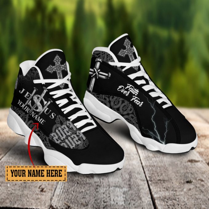 Jesus Faith Over Fear Black Pattern Custom Name Air Jordan Lucky Shoes