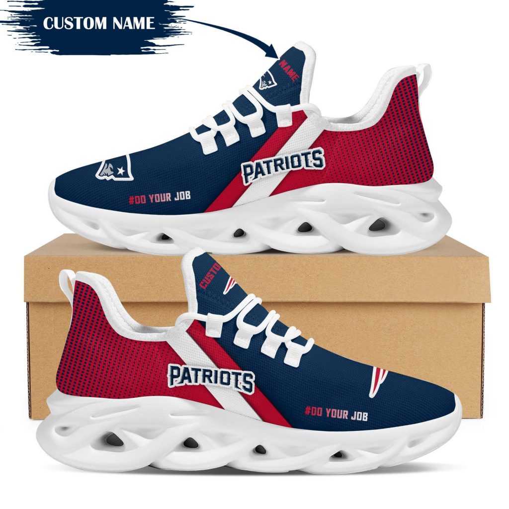 New England Patriots Logo Custom Name Pattern 3D Max Soul Sneaker Shoes In Red And Blue Personalized Shoes Frab And More Store