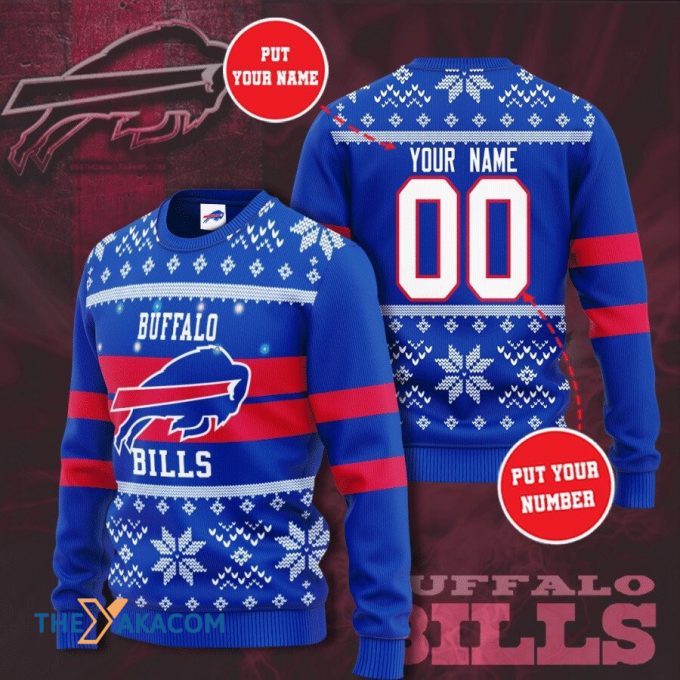 Personalized Ugly Christmas Sweater Buffalo-Bills, Billieve Blue/Red Custom Name And Number Gift For Football Fan Ugly Xmas Jumper