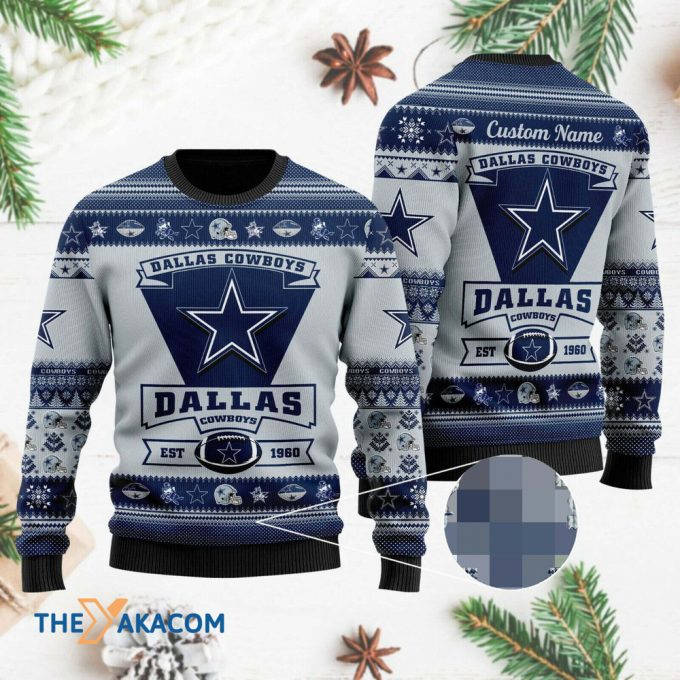 Personalized Ugly Christmas Sweater Dallas-Cowboys, America’s Team Blue/Grey Custom Name Gift For Football Fan Ugly Xmas Jumper