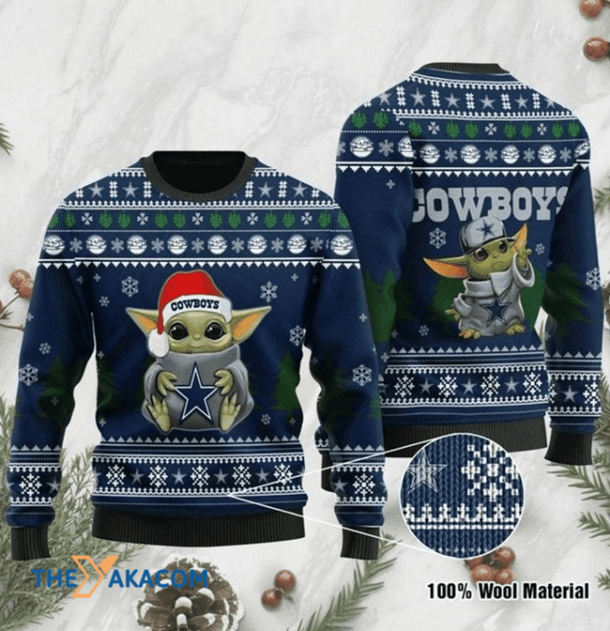 Ugly Christmas Sweater Dallas-Cowboys, Baby Yoda Green