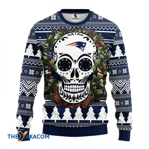 Ugly Christmas Sweater New-England-Patriots, Skull Flower White/Blue Frab’s Magazines & More Store