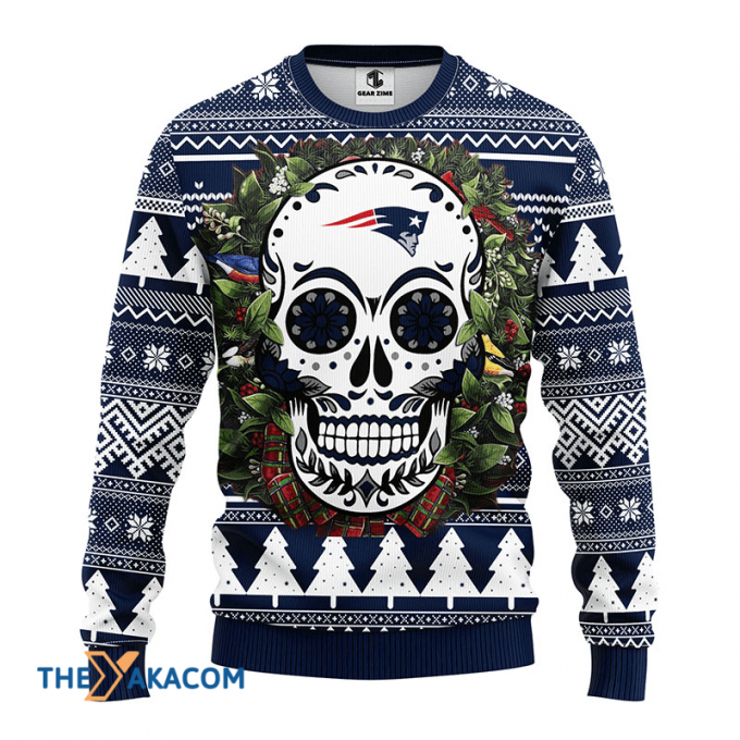 Ugly Christmas Sweater New-England-Patriots, Skull Flower White/Blue Frab’s Magazines &Amp;Amp; More Store