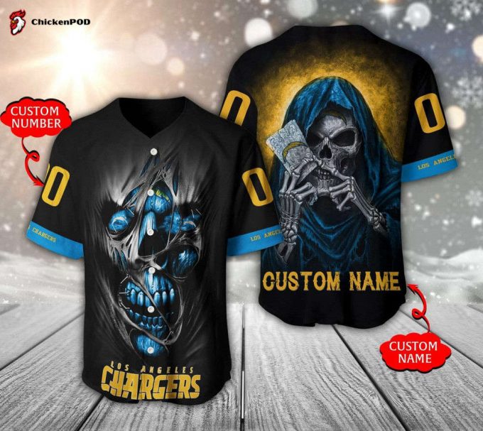 Nfl Los Angeles Chargers Custom Name Number Skull Baseball Jersey Unisex Shirt Gift