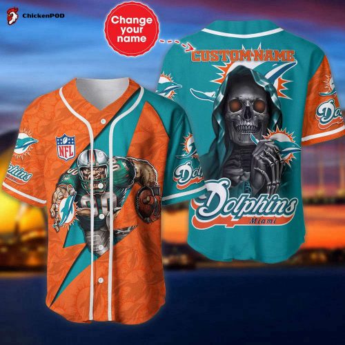 NFL Miami Dolphins Custom Name Orange Aqua Skull Baseball Jersey Unisex Shirt Gift