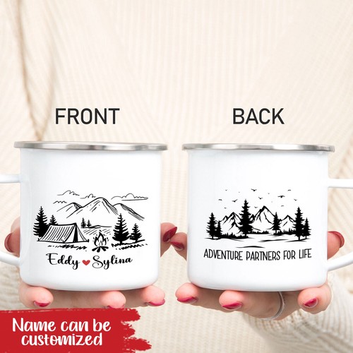 Custom Names Adventure Partners For Life Enamel Camping Mug Gift for Campers Hiking Mug Travelling Lover Gift for Couples Campfire Cup 12oz