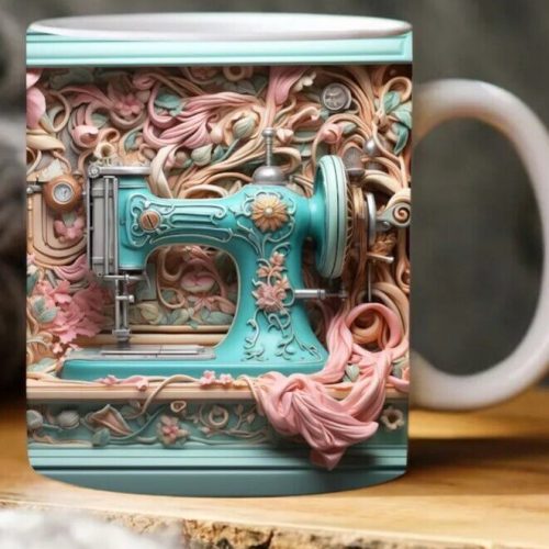 3D Sewing Mug, 3D Floral Sewing Machine 11oz Mug Sublimation Wrap