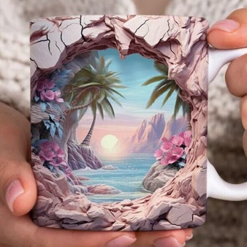 3D Hole In A Wall Tropical Beach Landscape Mug Wrap Design, 3D Beach Mug 11oz