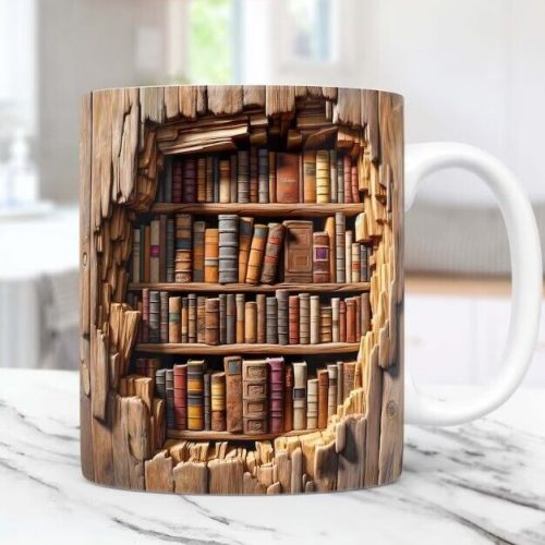 3D Book Mug Wrap, 3D Bookshelf Mug Wrap Sublimation Design PNG, 3D Book Lover Mu