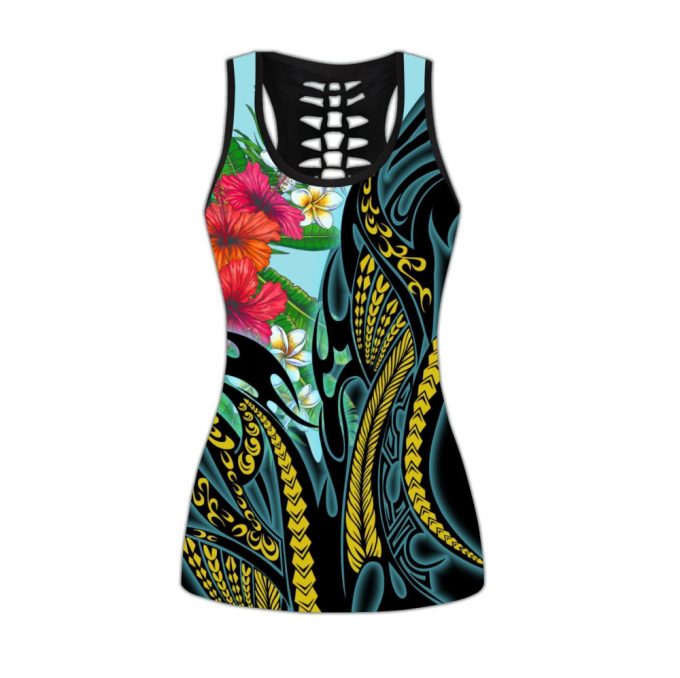 Amazing Polynesian Turquoisegold Tribal Pattern And Hisbiscus Plumeria Legging &Amp; Tank Top