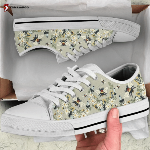 Bee Hand Embroidery Low Top Shoes Gift for Men Women Sneaker