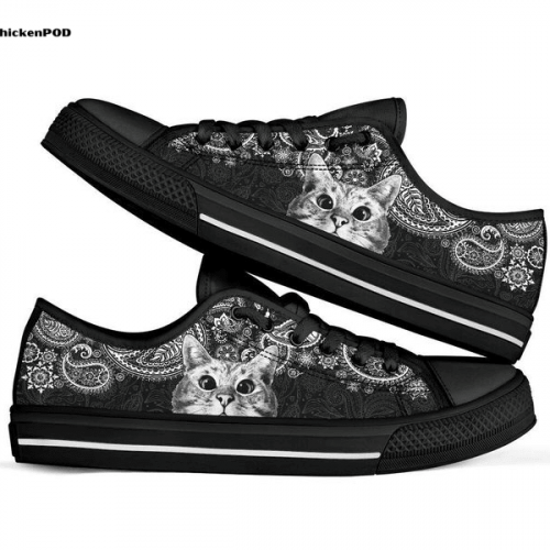 Cat Paisley Black White Low Top Shoes Gift for Men Women