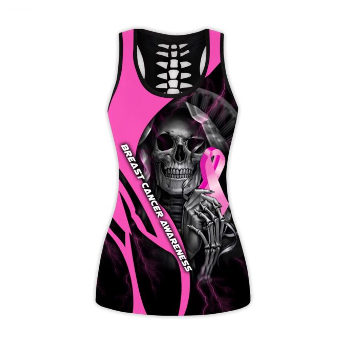 Fan Gifts Skull Holding Pink Ribbon Breast Cancer Awareness All Over Printed Combo Legging Tanktop