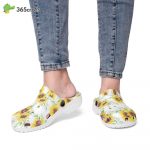 Floral Retro Groovy Vibes Peace Flowers Sunflowers White Background Unisex Clogs Clog Shoes