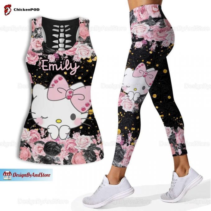 Hello Kitty Women Tank Top, Kitty Cat Leggings, Hello Kitty Yoga Tank Top, Cute Cat Yoga Leggings, Personalized Tank Top, Yoga Pants