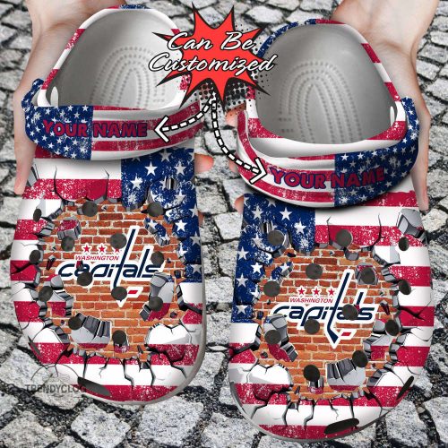 Hockey Personalized WCapitals American Flag Breaking Wall Clog Unisex Clogs Shoes