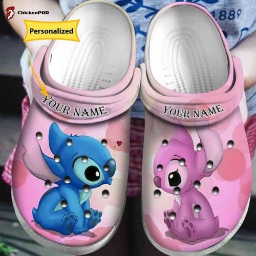 3D Clog Unisex Shoes – Clog Shoes Personalized Stitch & Angel Disney Cartoon Adults Couple