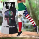 Sport Gift – America My Home Mexico My Blood Skull Hollow Tank Top or Legging