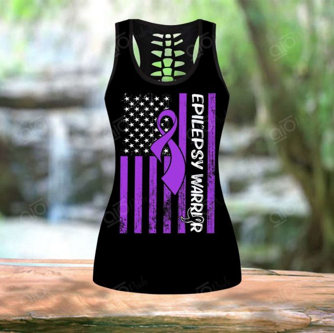 Sport Gift – Epilepsy Awareness Ribbon &Amp; Us Flag Hollow Tank Top Or Legging