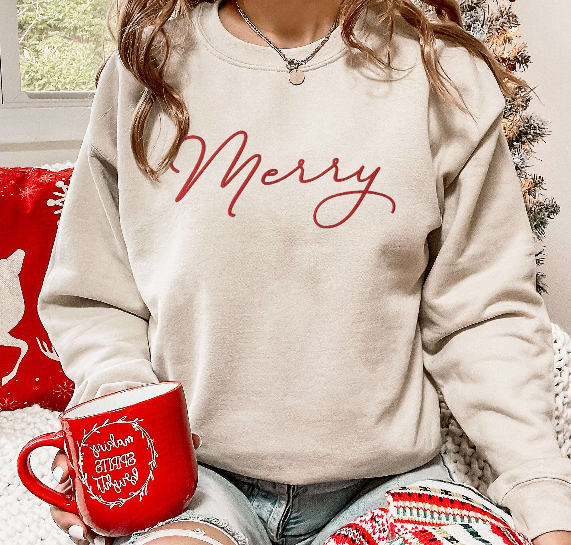 Embroidered Merry Crewneck Sweatshirt – Cute Minimalistic Soft Comfy Christmas Sweater